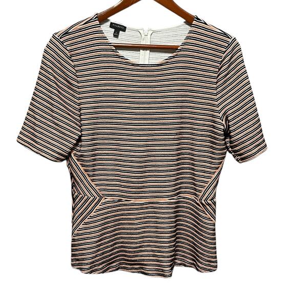 Talbots Women L Striped Peplum Top Black Orange Short Sleeve Zip Back Preppy‎ - Picture 1 of 8